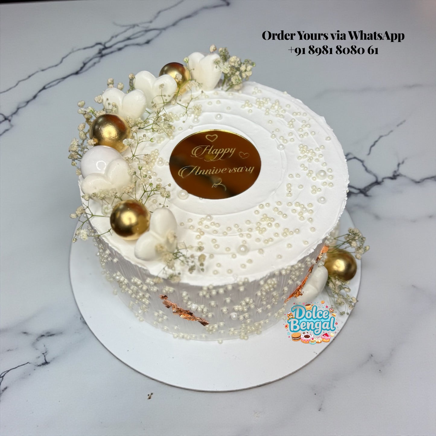 White Pearl Floral Anniversary Cake