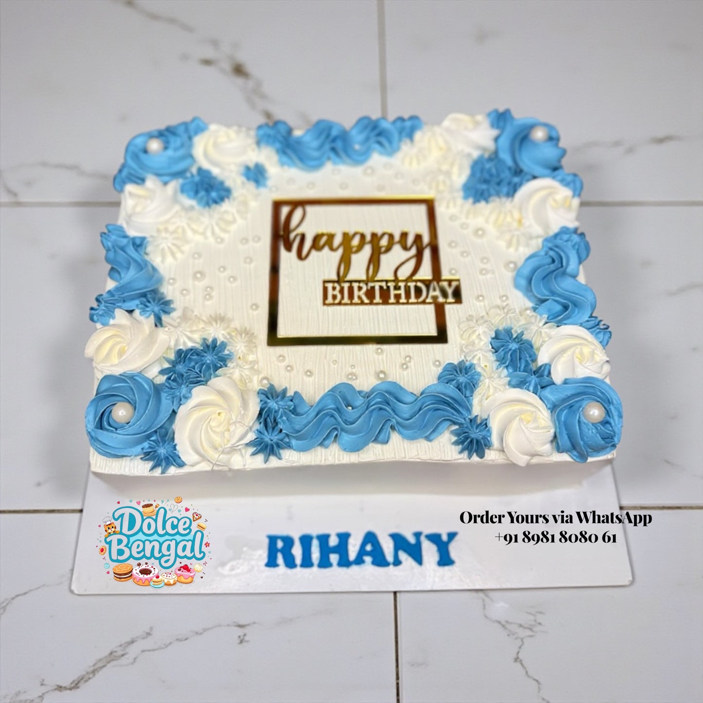 Elegant Blue & White Birthday Cake