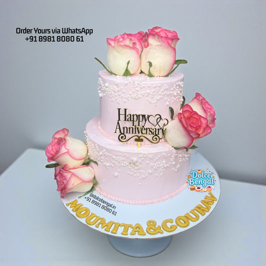 Pink Rose Happy Anniversary Cake